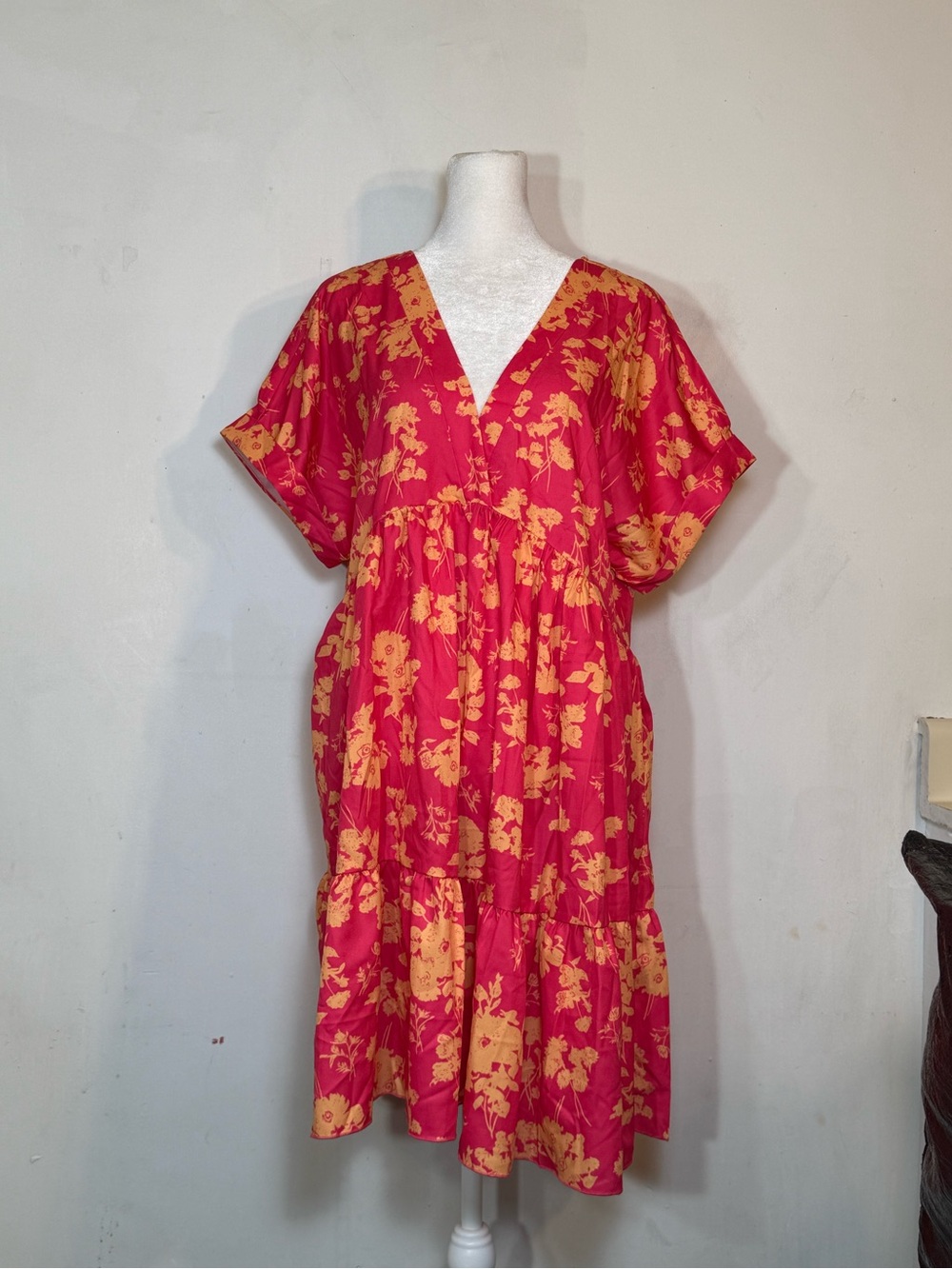 V-Neck Floral Mini Dress in Pink and Yellow